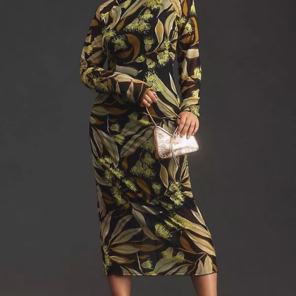 Anthropologie Leaf Print Mesh  Long Sleeve Dress XL - Picture 3 of 9